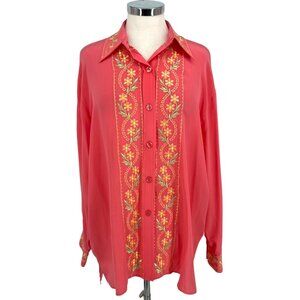 Diane Von Furstenberg Vintage Floral Embroidered Silk Button-Up Blouse Large